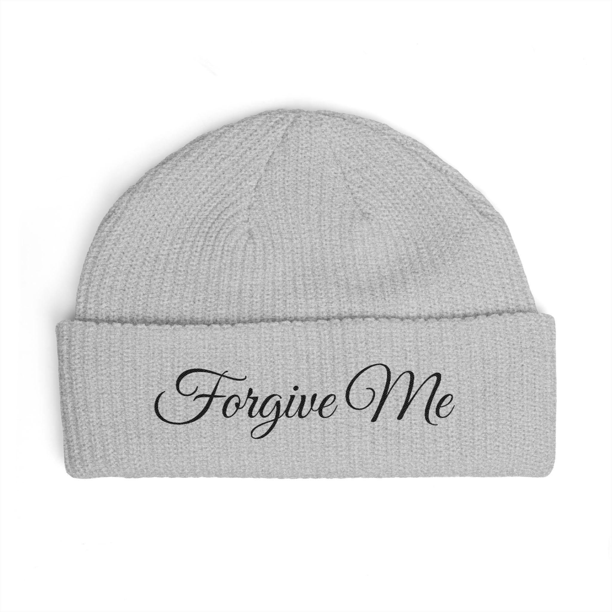 Forgive Me Cuff Beanie — Embroidered Knit Winter Hat (forgive me)