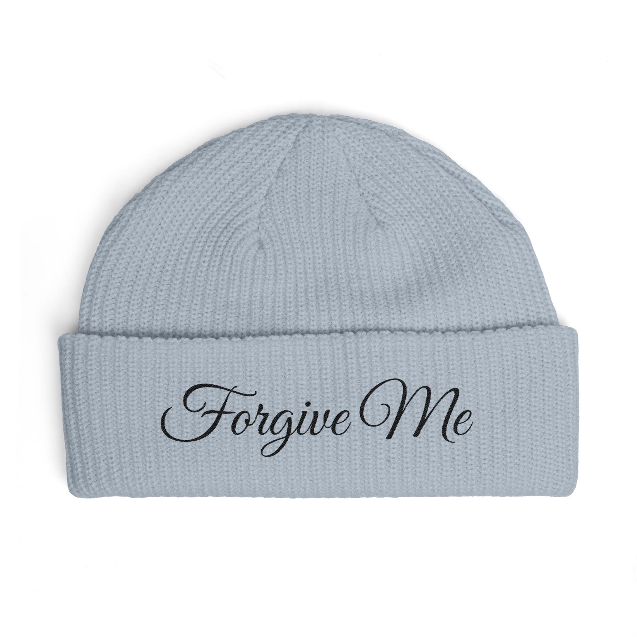 Forgive Me Cuff Beanie — Embroidered Knit Winter Hat (forgive me)