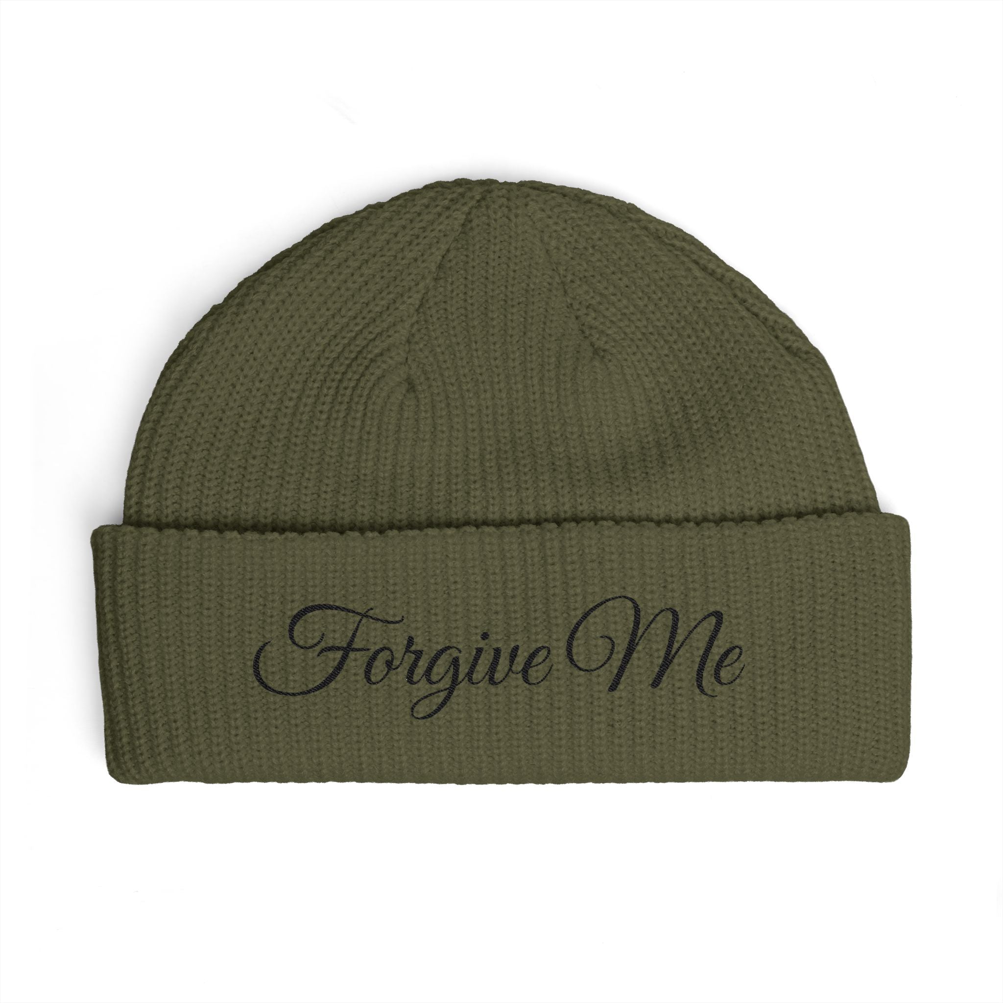 Forgive Me Cuff Beanie — Embroidered Knit Winter Hat (forgive me)