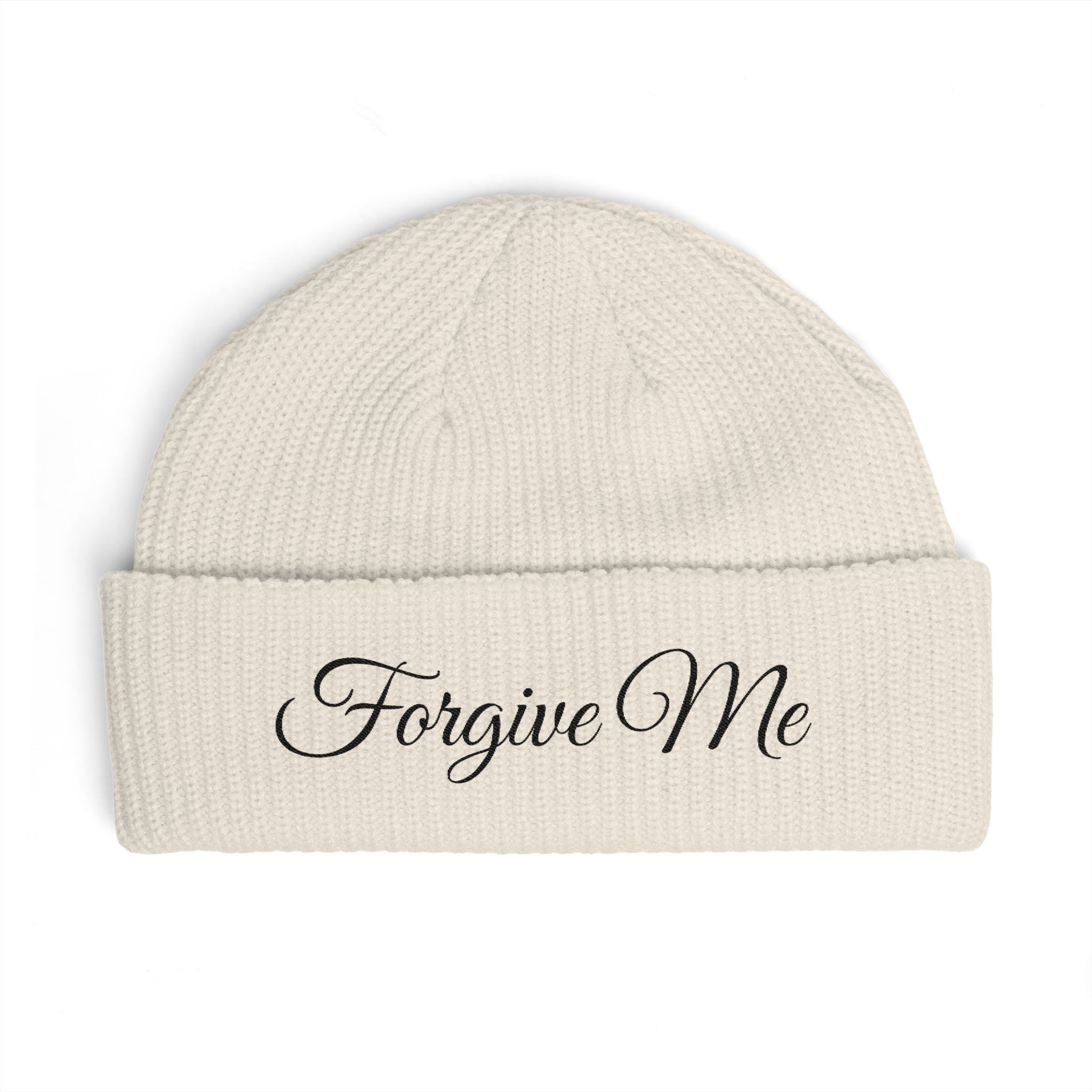 Forgive Me Cuff Beanie — Embroidered Knit Winter Hat (forgive me)