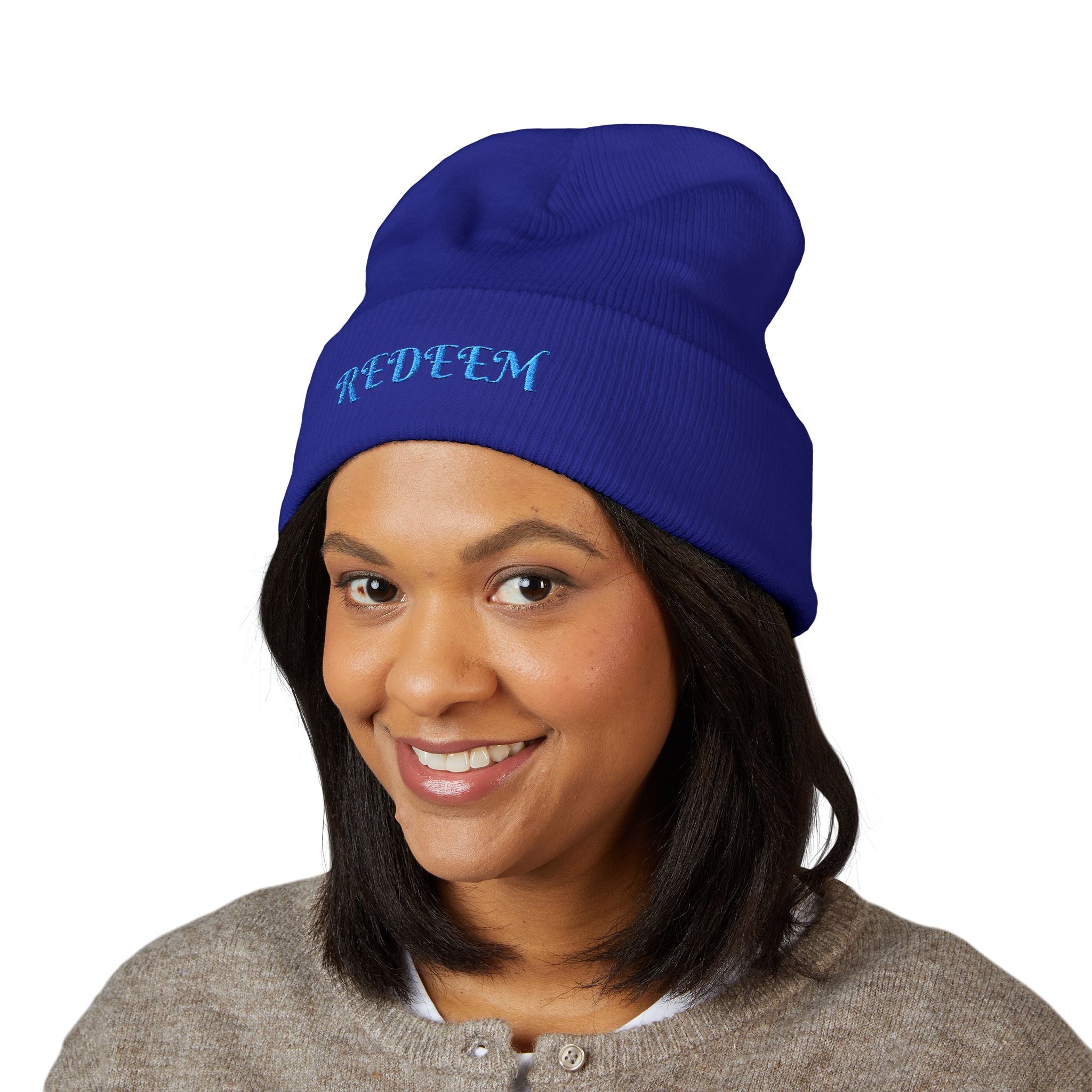 Redeem Embroidered Cuffed Beanie — Soft Winter Knit Hat