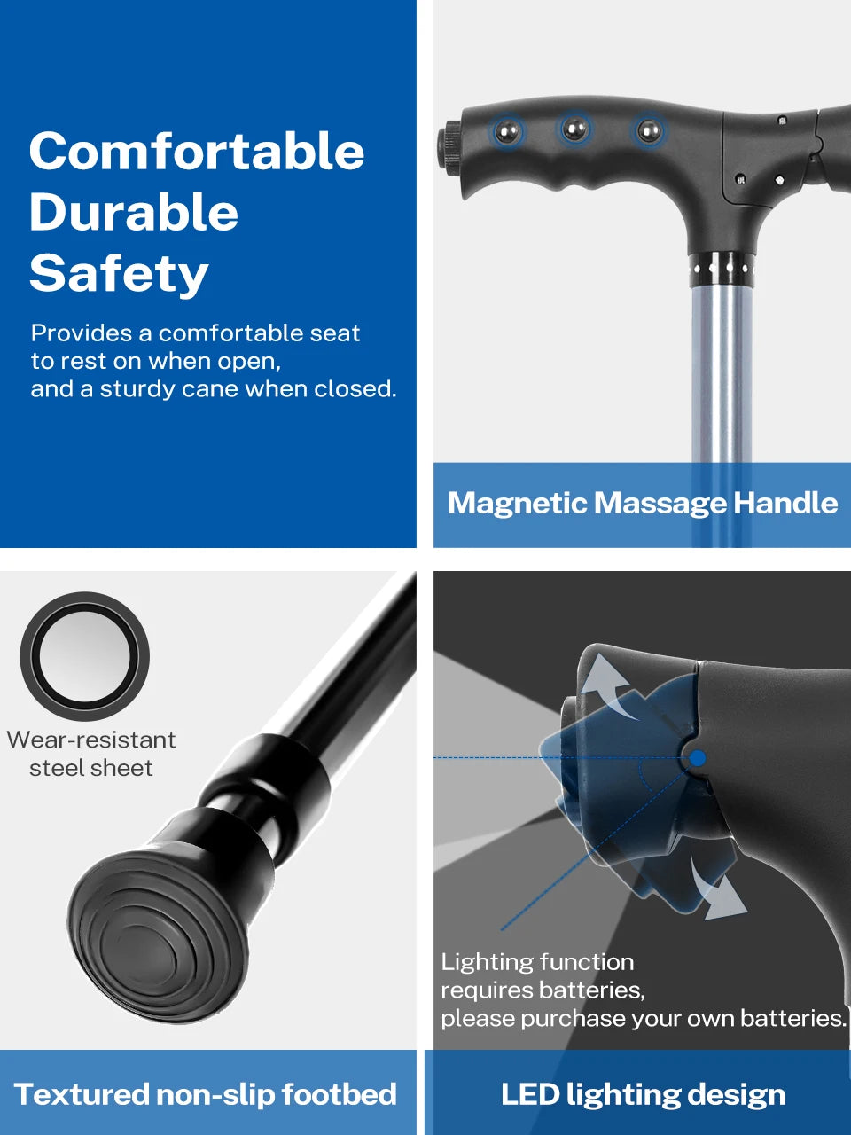 Lefeke Folding Canes with Seat Walking Stick Height Adjustment Cane Seat Foldable Anti-Slip Lightweight Walking Stick for Senior